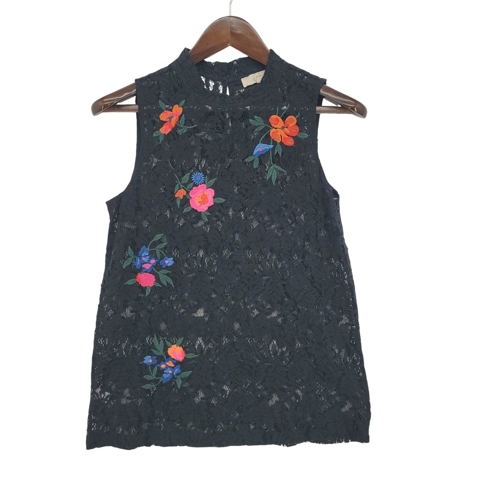LOFT‎ Womens XS Lace Shell Top Black Floral Embroidered Sleeveless Chic